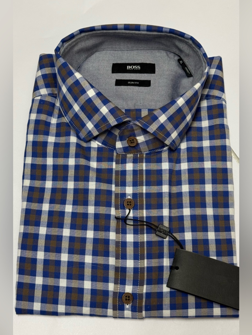 BOSS Blue, Brown & White Checked Slim-Fit Dress Shirt